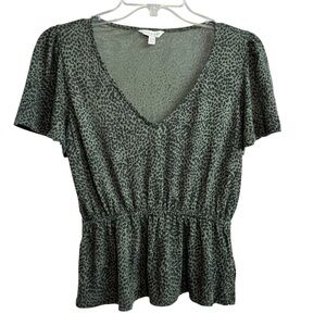 Lucky Brand Green and Black Leopard Print Flutter Sleeve Peplum Top Sz XS